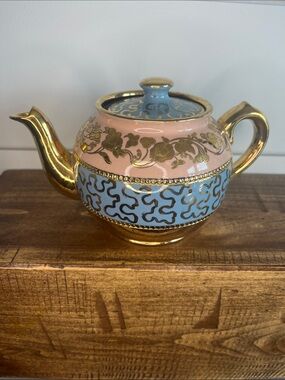 James Sadler Vintage Pink and Blue Ceramic Teapot with Gold Trim